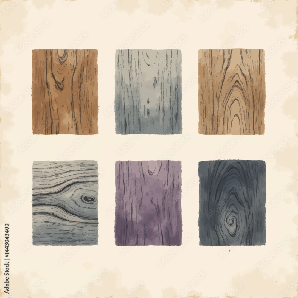 Colorful wood grain samples, flat lay illustration