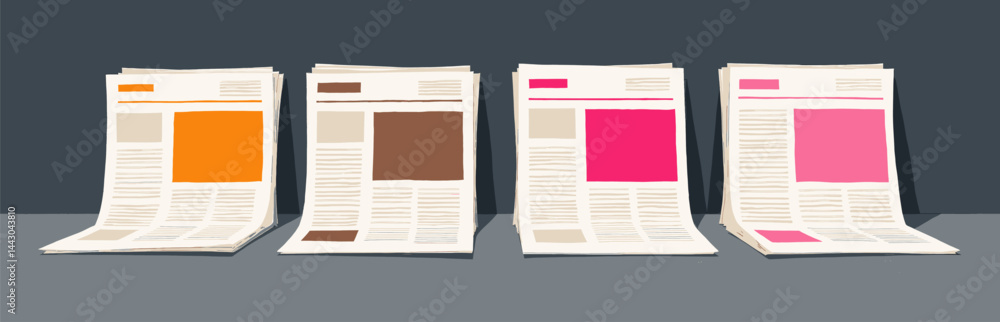 Colorful Newspapers Stacked Against Gray Wall