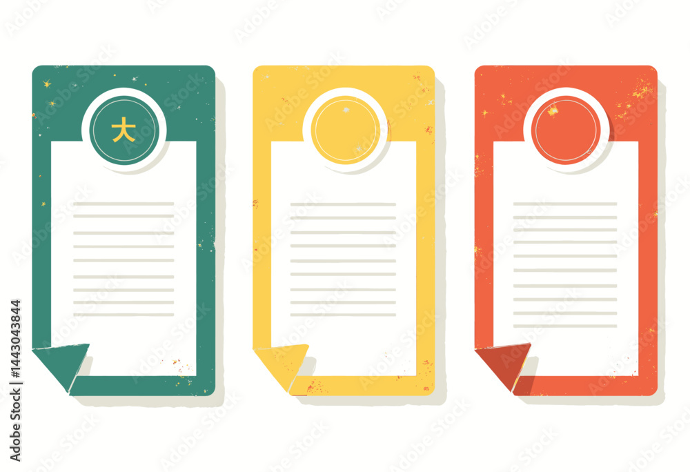 Colorful memo pads with curled corners and Chinese character