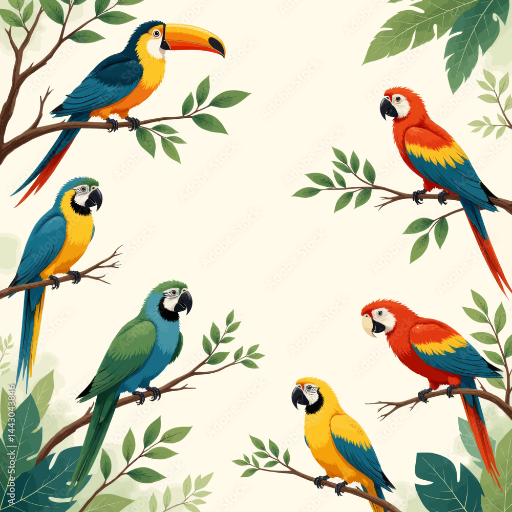Colorful parrots and toucan on branches with leaves
