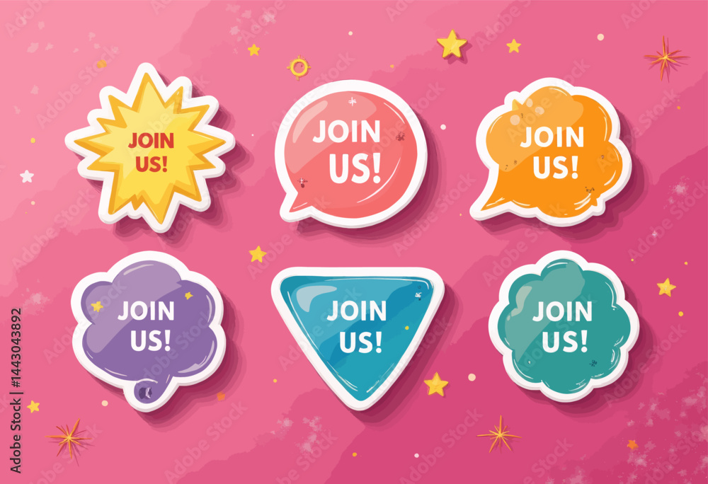 Colorful Join Us Stickers on Pink Background