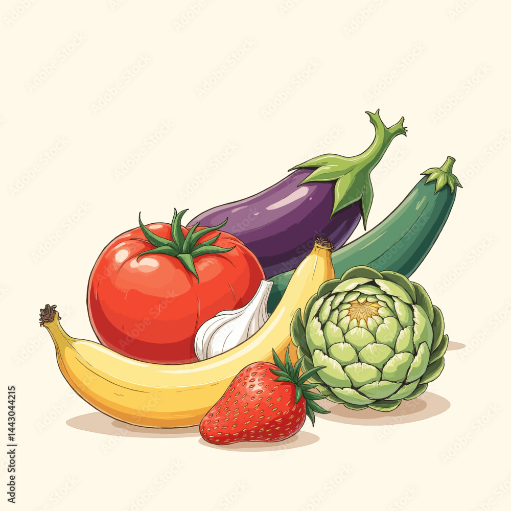 Colorful Cartoon Fruits and Vegetables Still Life