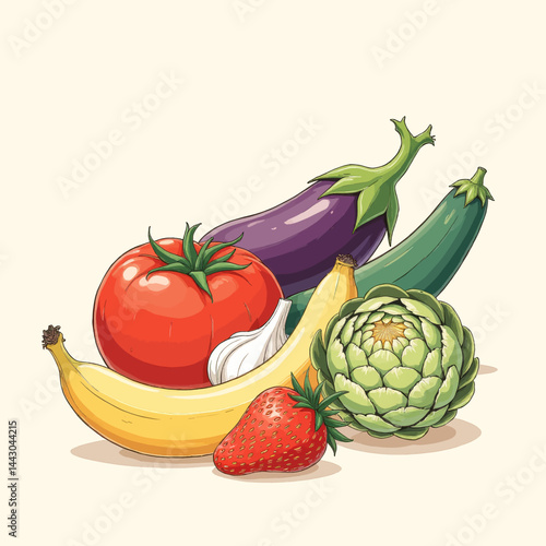 Colorful Cartoon Fruits and Vegetables Still Life