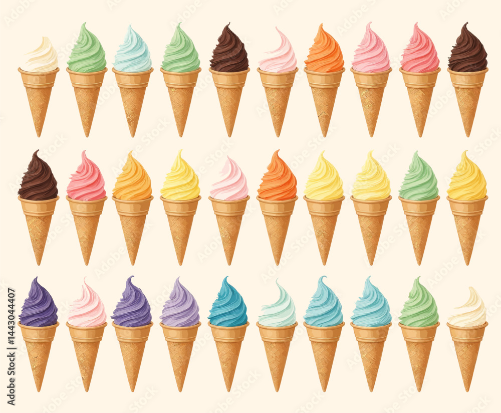 Colorful Ice Cream Cones Arrayed in Rows on Beige Background