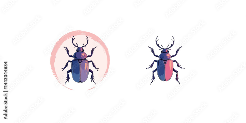 Colorful beetle illustration with pink circle element