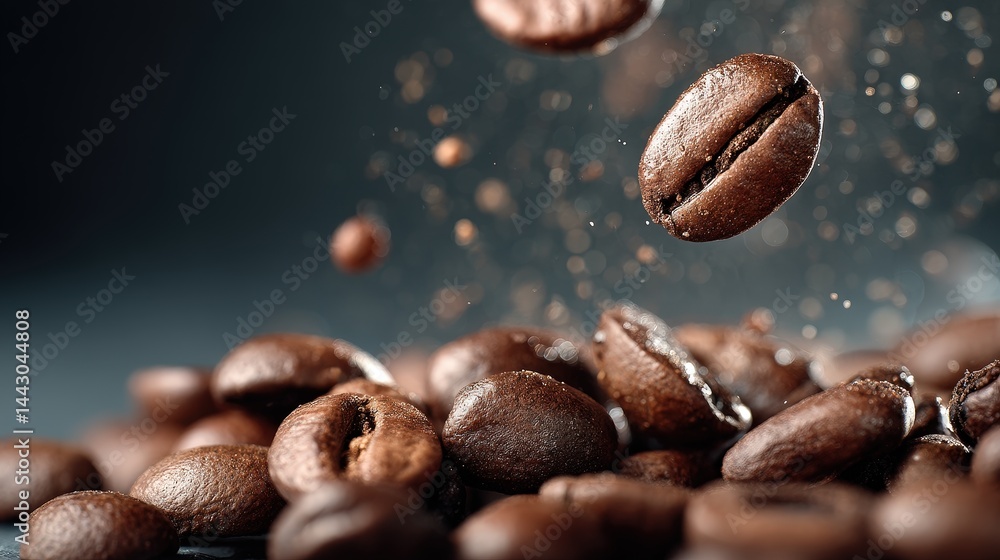 Obraz premium Roasted coffee beans falling dark brown grains