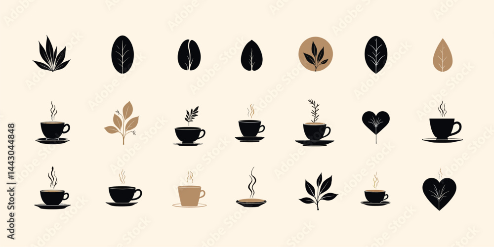 Coffee and Leaf Icon Set in Black and Beige Tones