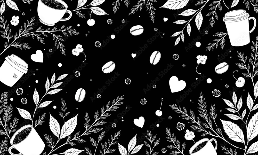 Coffee Bean and Cherry Floral Black and White Pattern