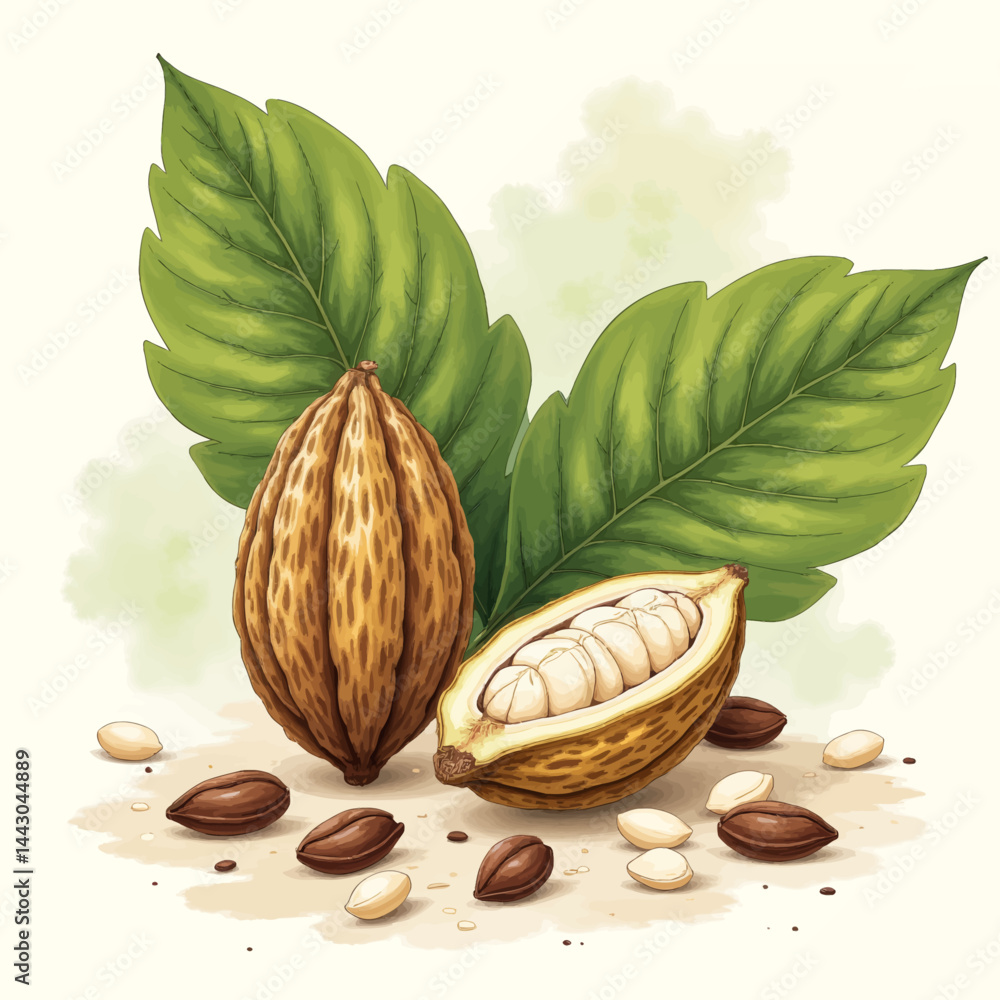 Cocoa Pods, Beans, and Green Leaves Illustration