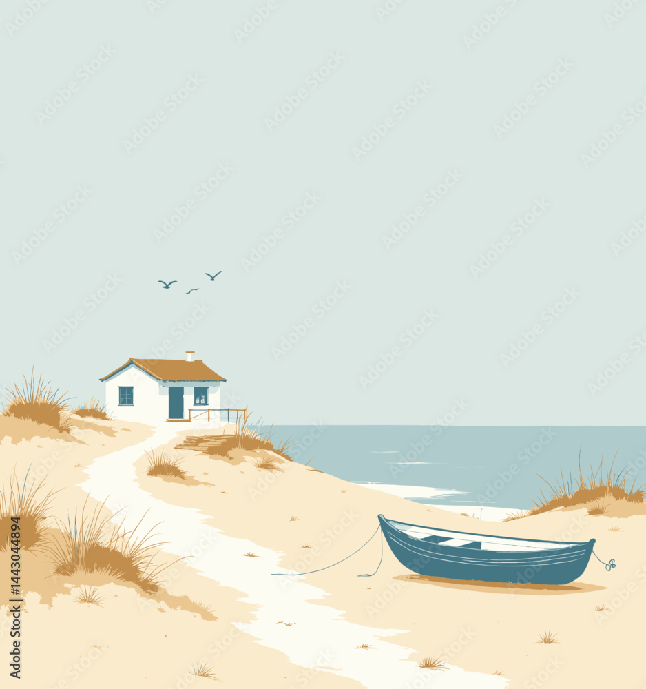 Coastal cottage with blue rowboat on sandy beach