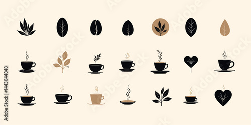 Obraz na płótnie Coffee and Leaf Icon Set in Black and Beige Tones w salonie