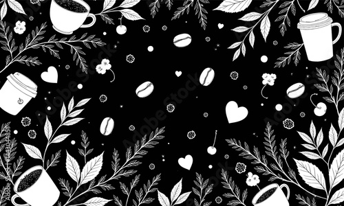 Obraz na płótnie Coffee Bean and Cherry Floral Black and White Pattern w salonie