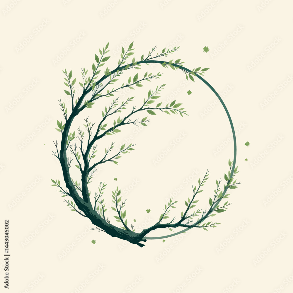 Circular tree branch frame with green leaves and stars