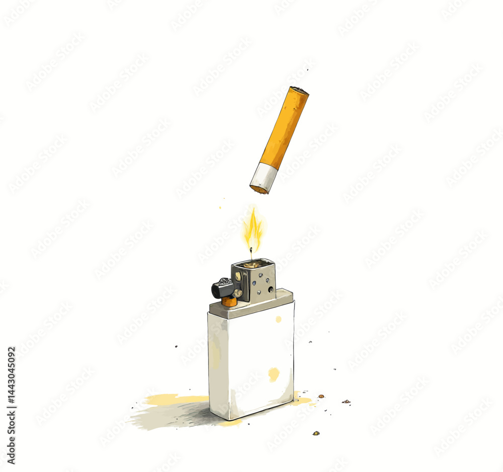 Cigarette above lighter with flame, white background