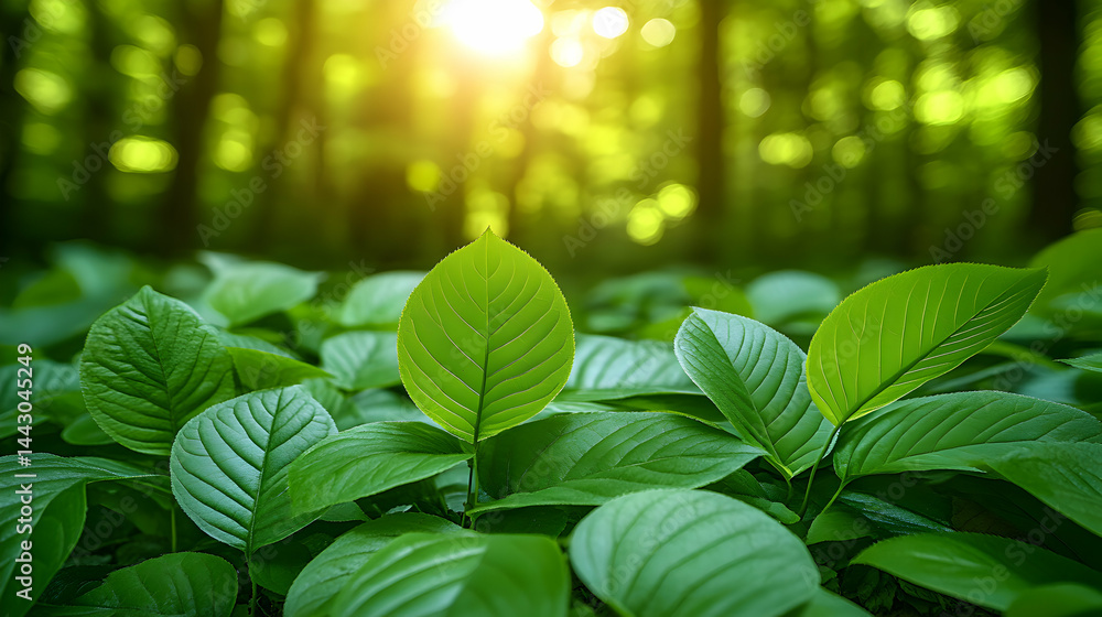Fototapeta premium Lush green leaves bathed in sunlight, creating a vibrant natural background. Perfect for eco-friendly themes.