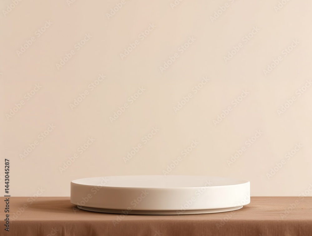 Cream-Toned Podium on Wooden Tabletop with Neutral Background for Product Display Cream-Toned Podium on Wooden Tabletop with Neutral Background for Product Display