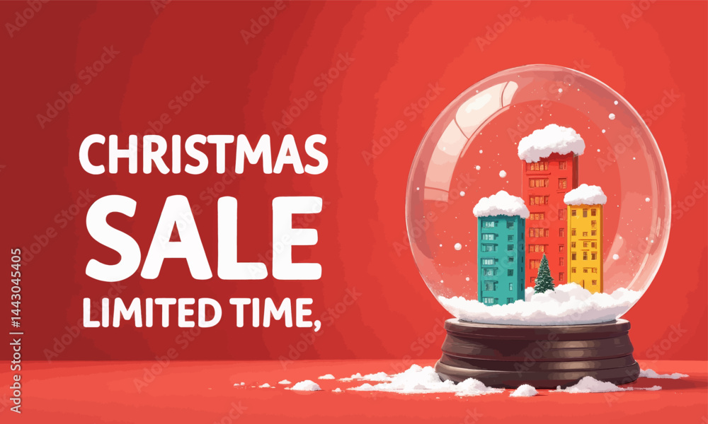 Christmas Sale with Snow Globe Cityscape on Red