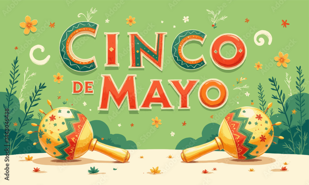 Cinco de Mayo celebration with maracas and festive lettering