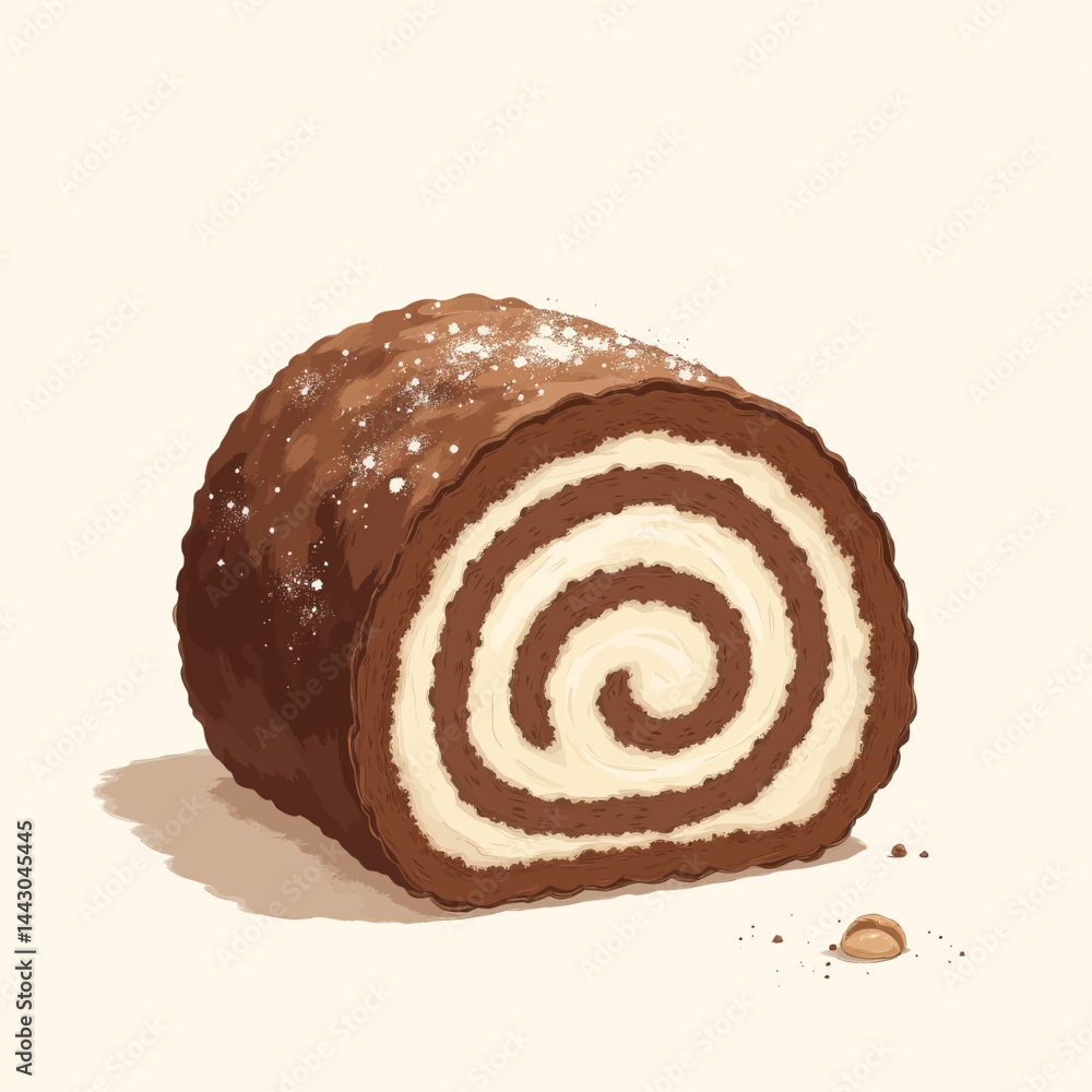 Chocolate Swiss Roll with Cream Filling and Powdered Sugar