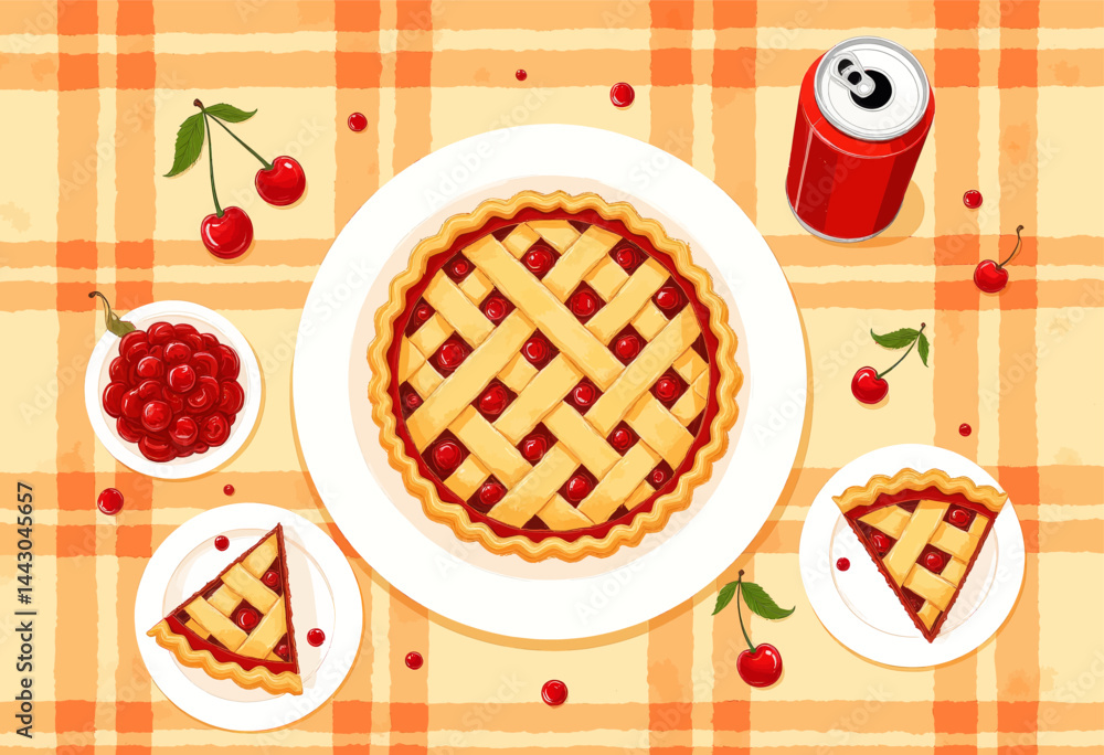 Cherry Pie Feast with Soda on Plaid Tablecloth