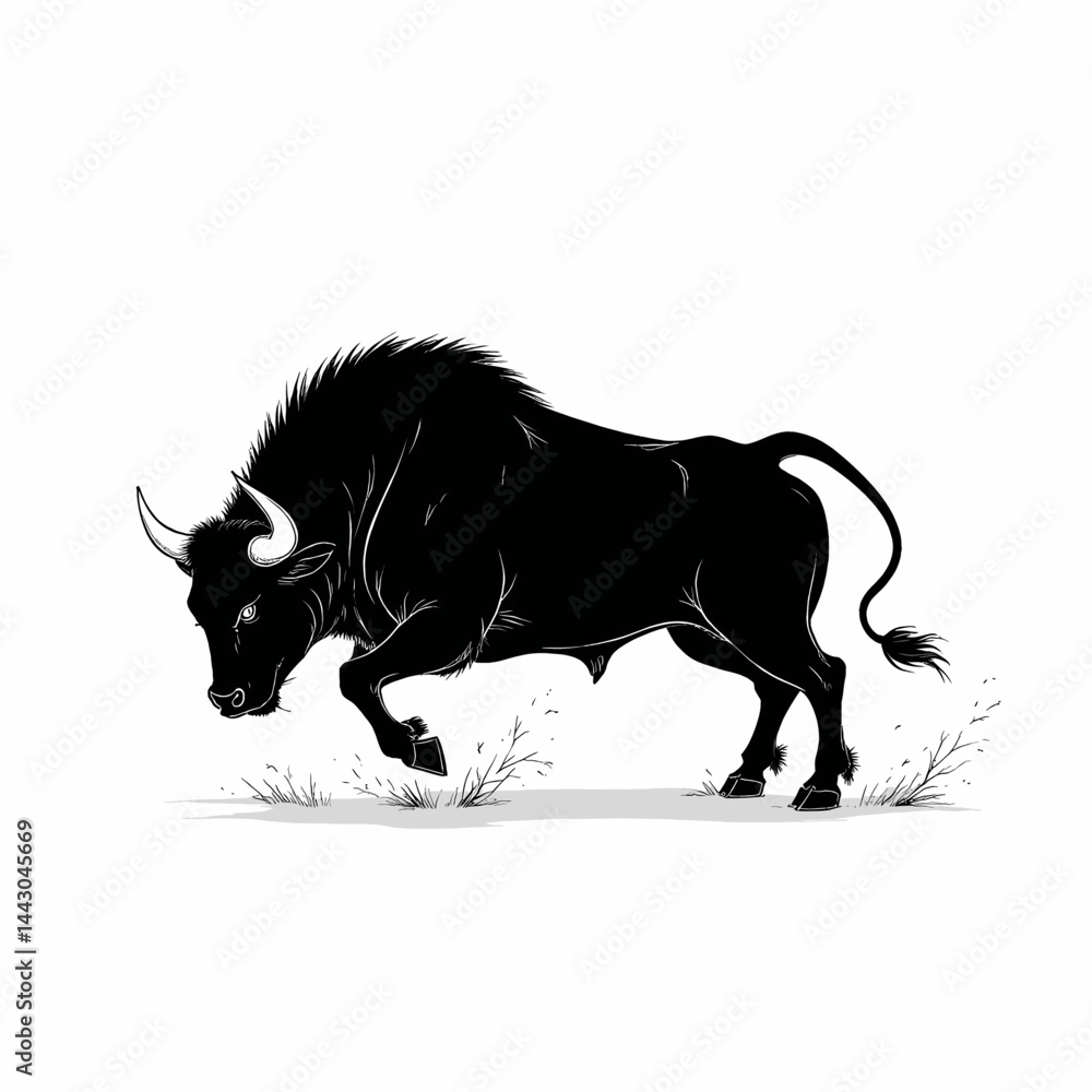 Charging Black Bull Silhouette with Horns