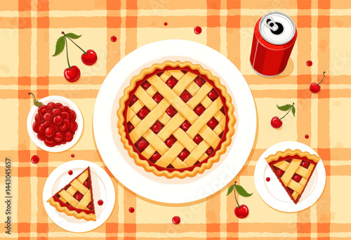 Obraz na płótnie Cherry Pie Feast with Soda on Plaid Tablecloth w salonie