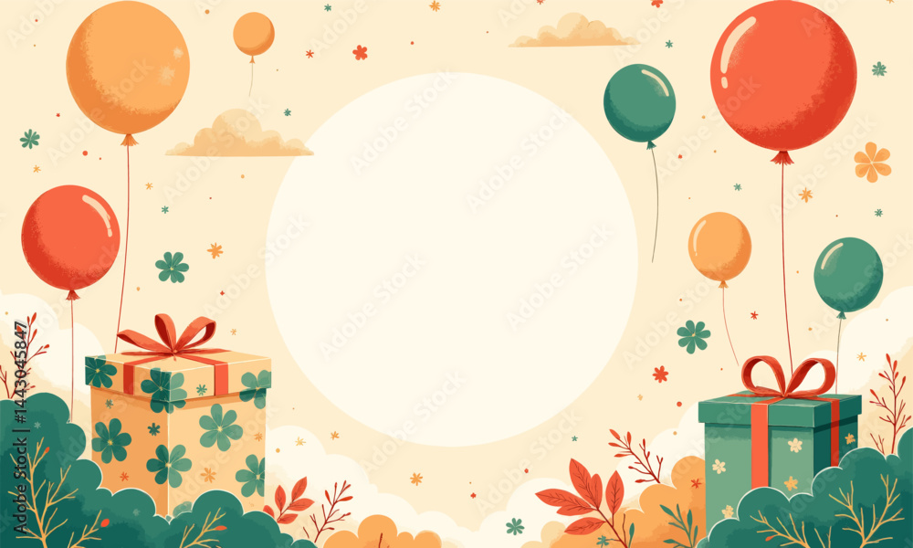 Celebration frame with balloons and gifts illustration