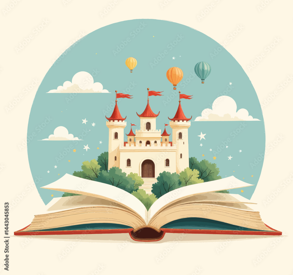 Castle rising from open storybook with hot air balloons