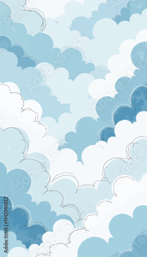 Cartoonish blue and white fluffy clouds with black outlines