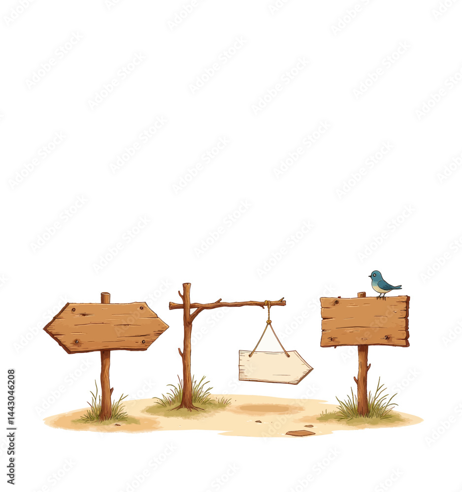 Cartoon wooden arrow signposts with blue bird on white