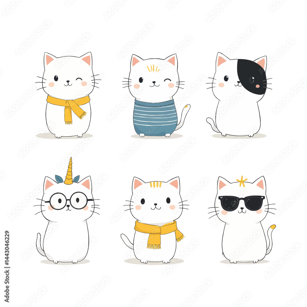Cartoon White Cats with Costumes and Accessories