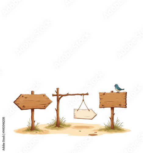 Obraz na płótnie Cartoon wooden arrow signposts with blue bird on white w salonie