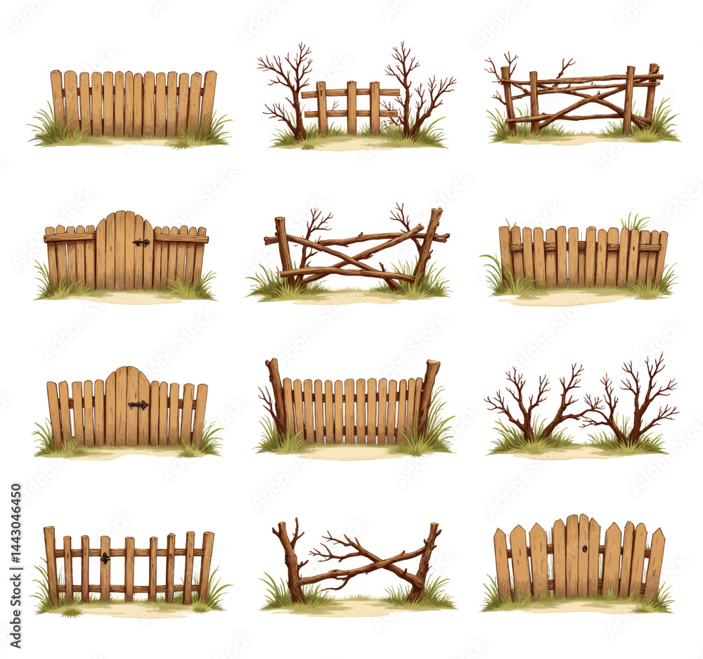 Cartoon wooden fence and gate collection