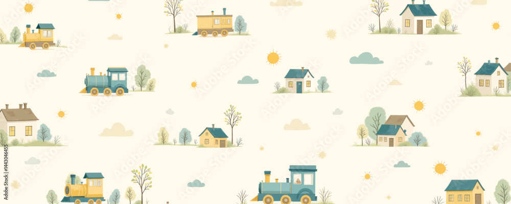 Cartoon Train and House Pattern on Cream Background