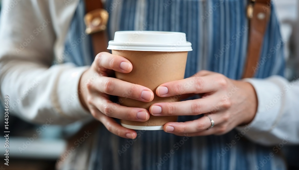 Holding Coffee in Paper Cup Wearing Apron in Cafe Setting Holding Coffee in Paper Cup Wearing Apron in Cafe Setting