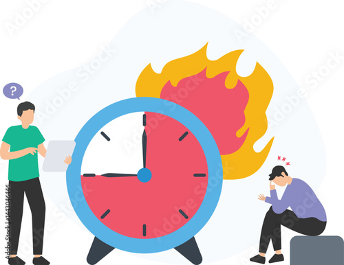 Project managers feeling stressed and having problems managing time and deadlines with a big burning clock in the background and one of them holding a tablet with a pensive expression

