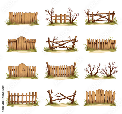 Obraz na płótnie Cartoon wooden fence and gate collection w salonie