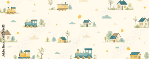 Obraz na płótnie Cartoon Train and House Pattern on Cream Background w salonie