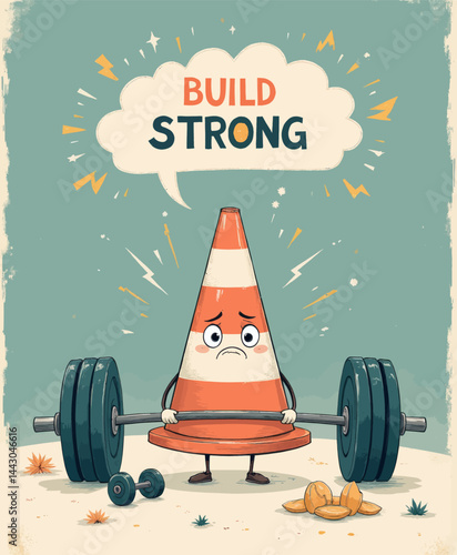 Obraz na płótnie Cartoon Traffic Cone Lifting Weights, Build Strong Message w salonie
