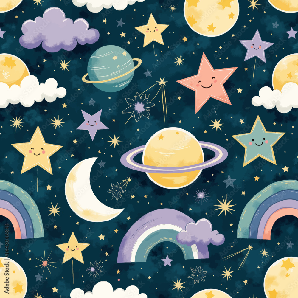 Cartoon Starry Night Sky Seamless Pattern