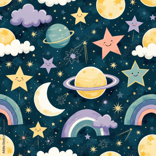 Obraz na płótnie Cartoon Starry Night Sky Seamless Pattern w salonie
