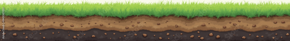 Cartoon soil layers with grass and rocks