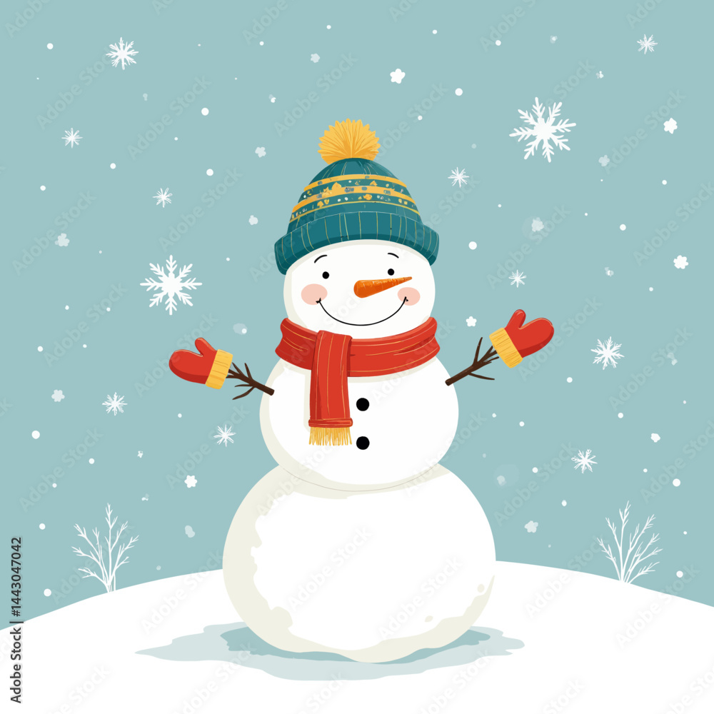 Cartoon Snowman with Hat, Scarf, and Mittens in Falling Snow