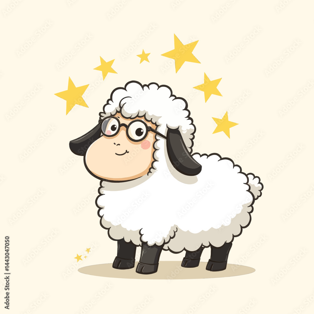 Cartoon Sheep with Glasses Under Gold Stars
