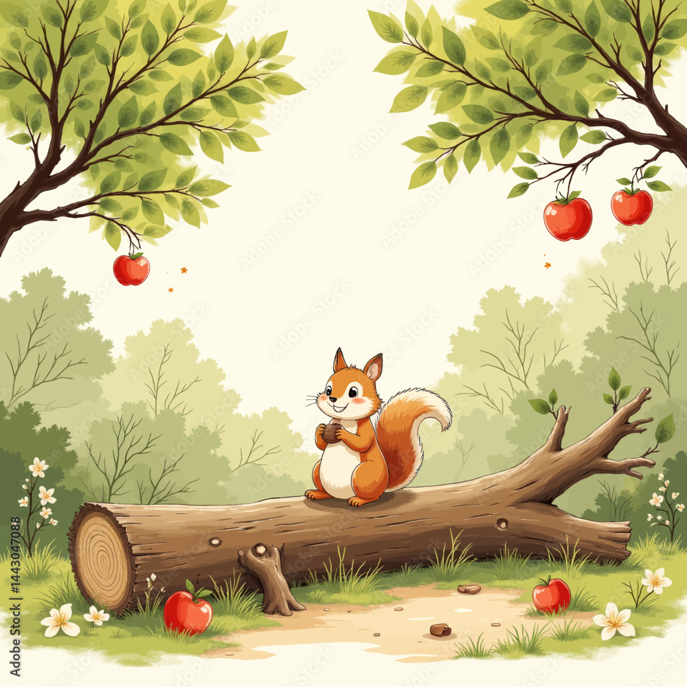 Cartoon squirrel with apple trees on a log