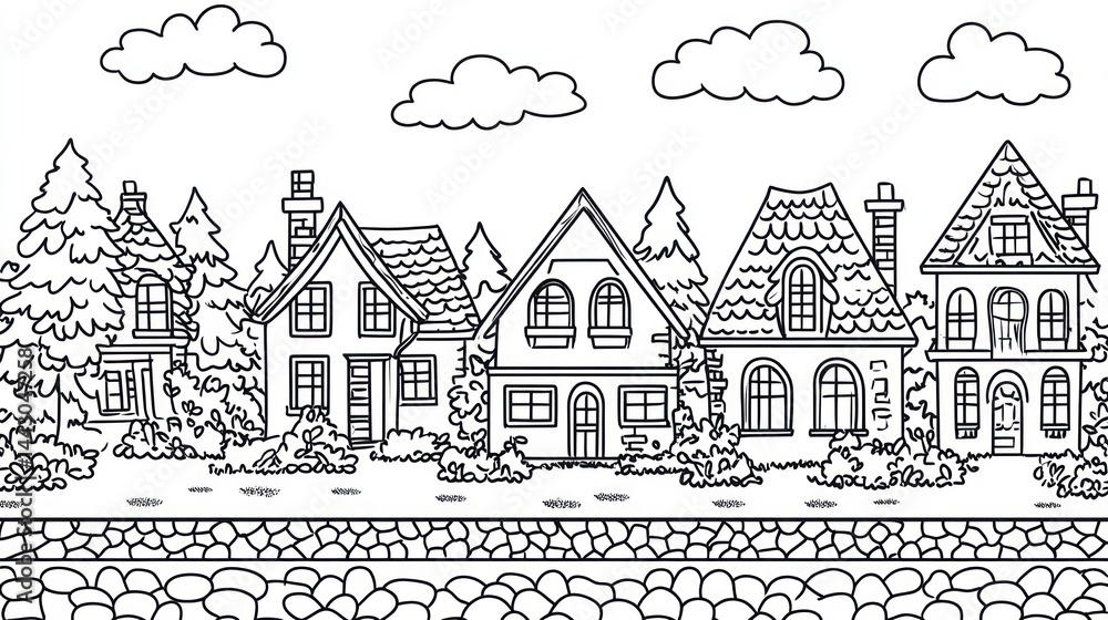 Naklejka premium Charming Black and White Town Scene