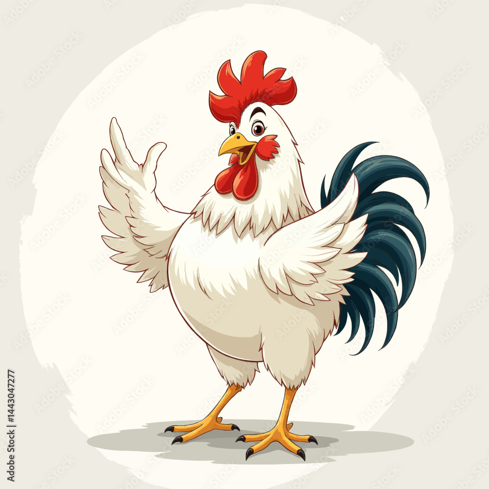 Cartoon rooster with red comb waving hello