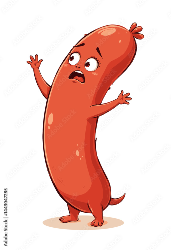 Cartoon Sausage Character in Distress with Hands Up