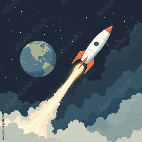 Cartoon Rocket Launching from Earth into Space