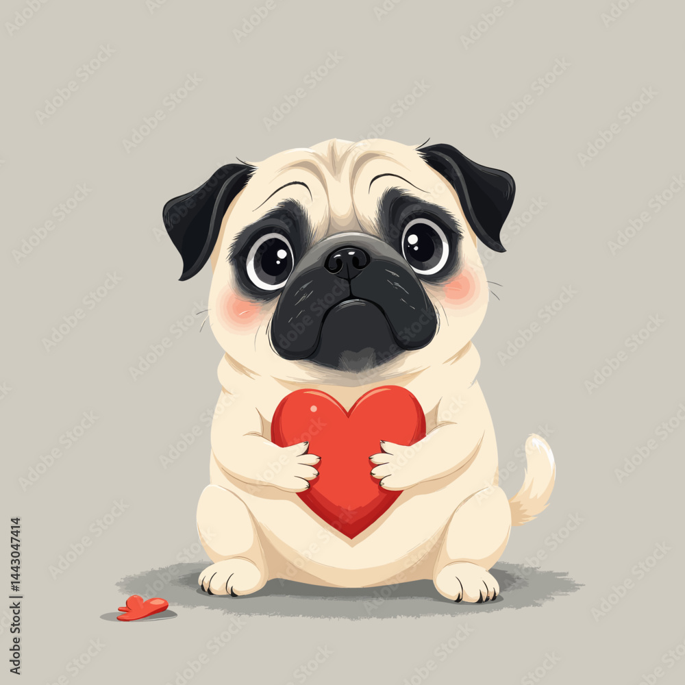 Cartoon Pug Dog Holding Red Heart, Valentine's Day Theme